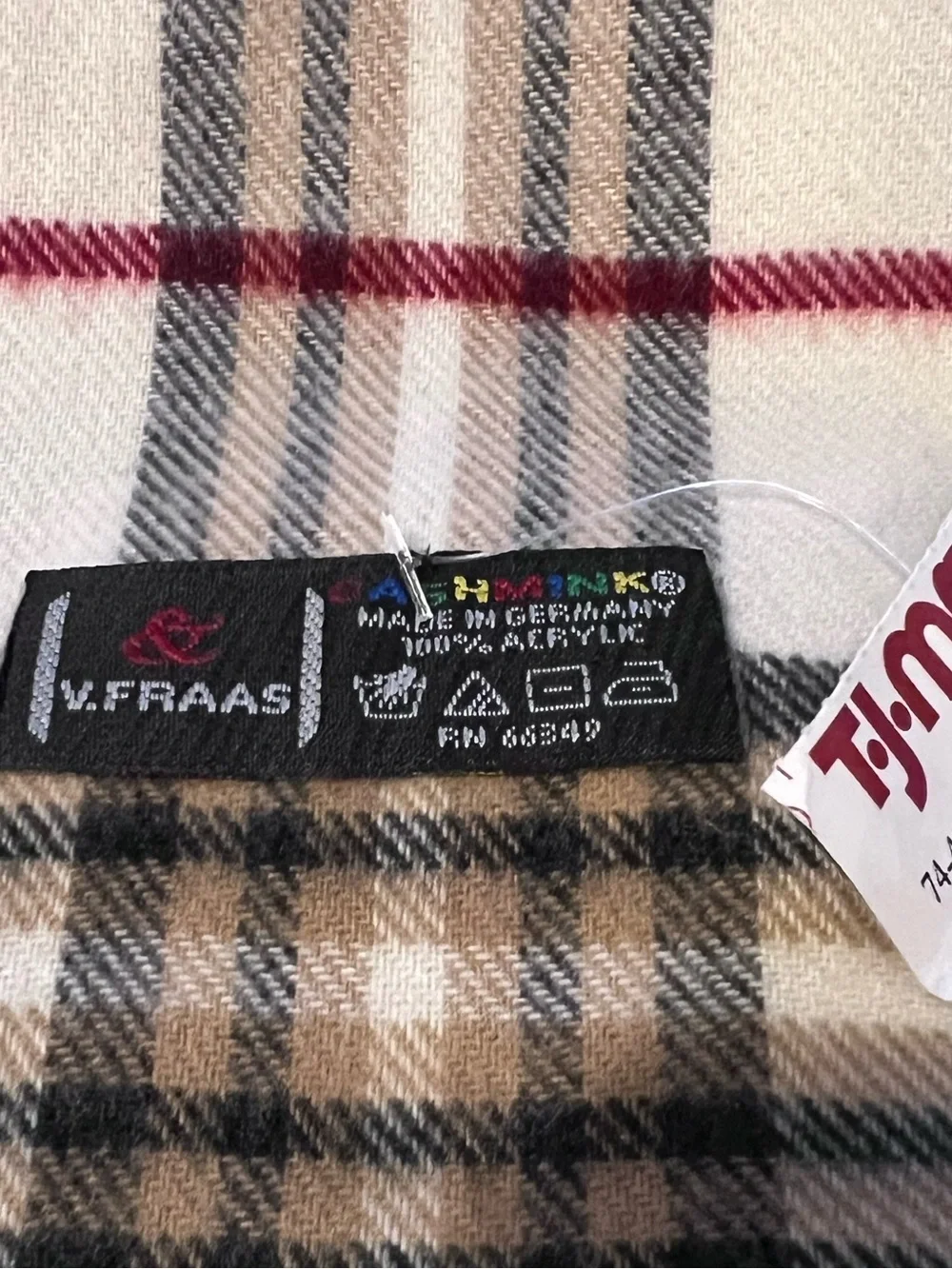 NWT V Fraas Plaid Fringe Scarf Cream Tan Black Red 70” Germany